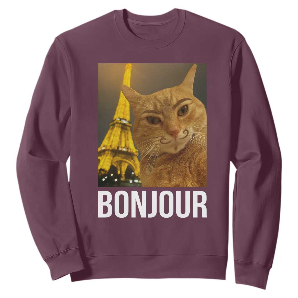 Funny Cat Bonjour Sweatshirt Paris France Eiffel Tower Orange Cat Meme TS10 Maroon Print Your Wear