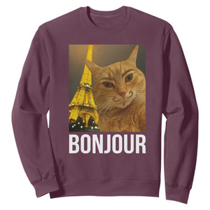 Funny Cat Bonjour Sweatshirt Paris France Eiffel Tower Orange Cat Meme TS10 Maroon Print Your Wear