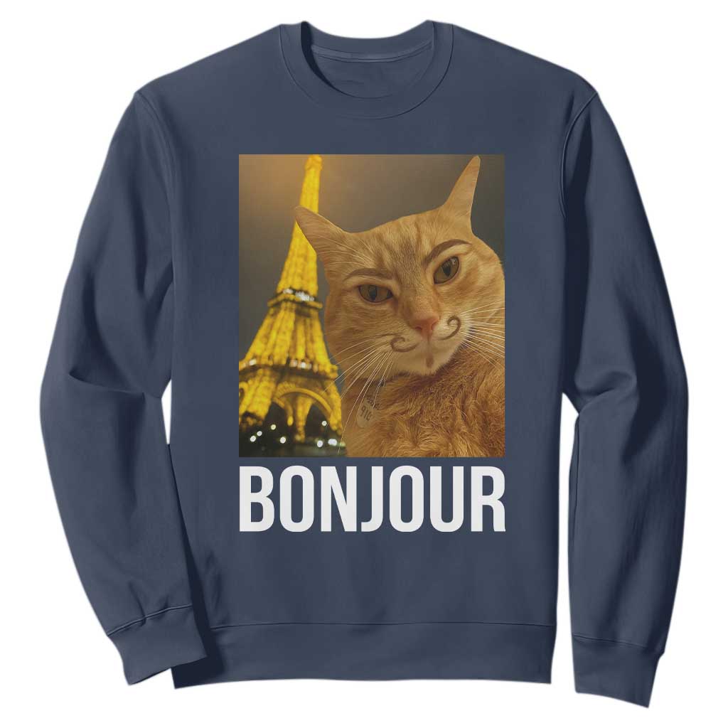 Funny Cat Bonjour Sweatshirt Paris France Eiffel Tower Orange Cat Meme TS10 Navy Print Your Wear