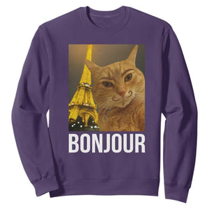 Funny Cat Bonjour Sweatshirt Paris France Eiffel Tower Orange Cat Meme TS10 Purple Print Your Wear