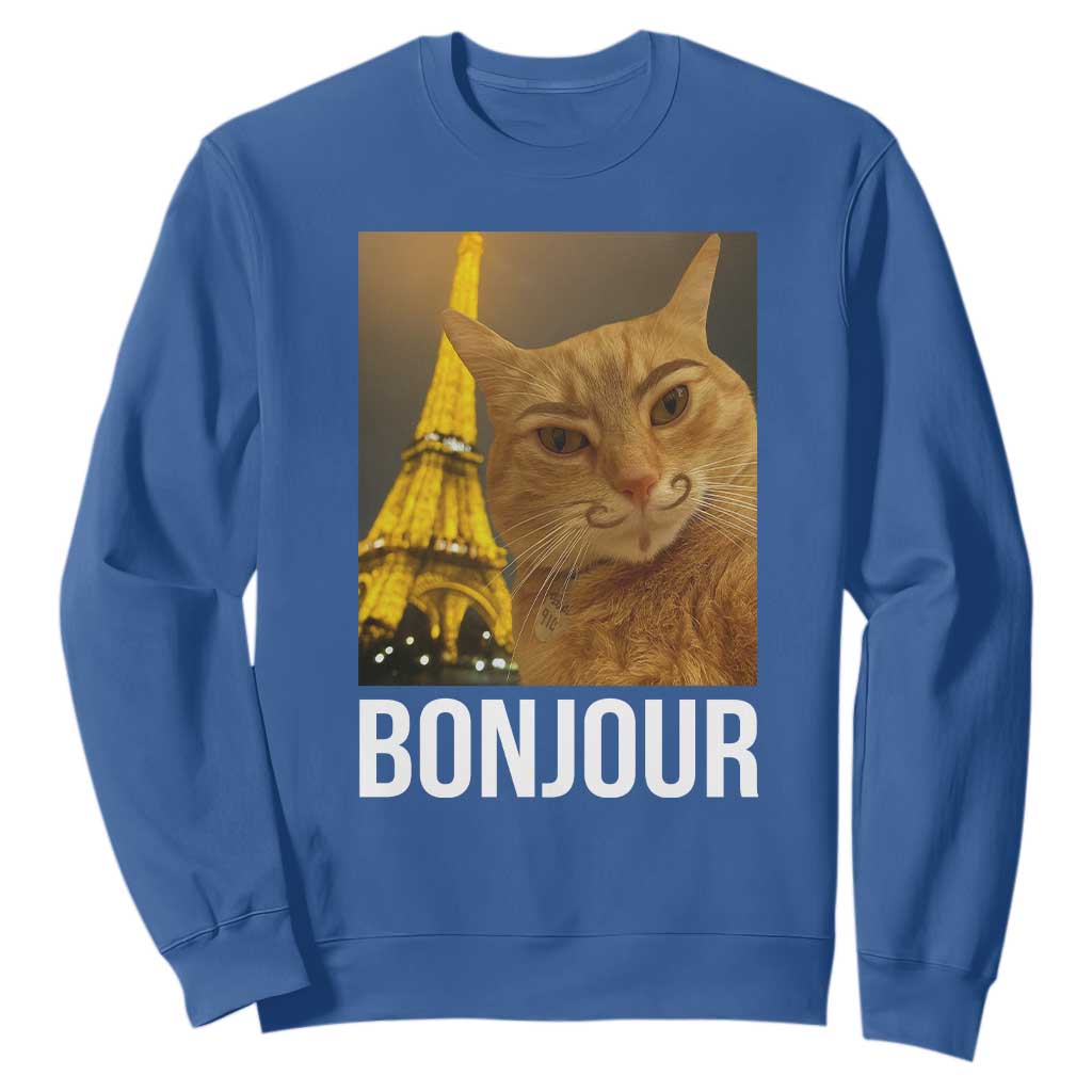 Funny Cat Bonjour Sweatshirt Paris France Eiffel Tower Orange Cat Meme TS10 Royal Blue Print Your Wear