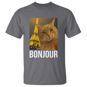 Funny Cat Bonjour T Shirt Paris France Eiffel Tower Orange Cat Meme TS10 Charcoal Print Your Wear