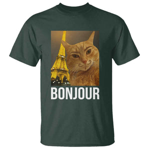 Funny Cat Bonjour T Shirt Paris France Eiffel Tower Orange Cat Meme TS10 Dark Forest Green Print Your Wear