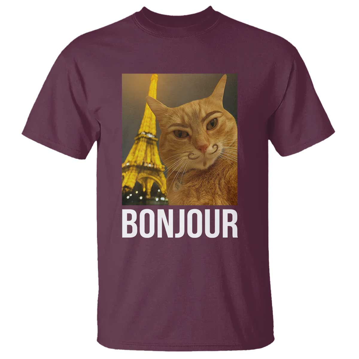 Funny Cat Bonjour T Shirt Paris France Eiffel Tower Orange Cat Meme TS10 Maroon Print Your Wear