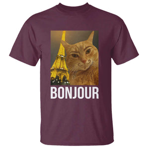 Funny Cat Bonjour T Shirt Paris France Eiffel Tower Orange Cat Meme TS10 Maroon Print Your Wear