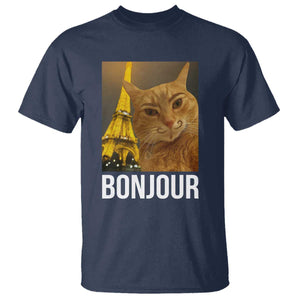 Funny Cat Bonjour T Shirt Paris France Eiffel Tower Orange Cat Meme TS10 Navy Print Your Wear
