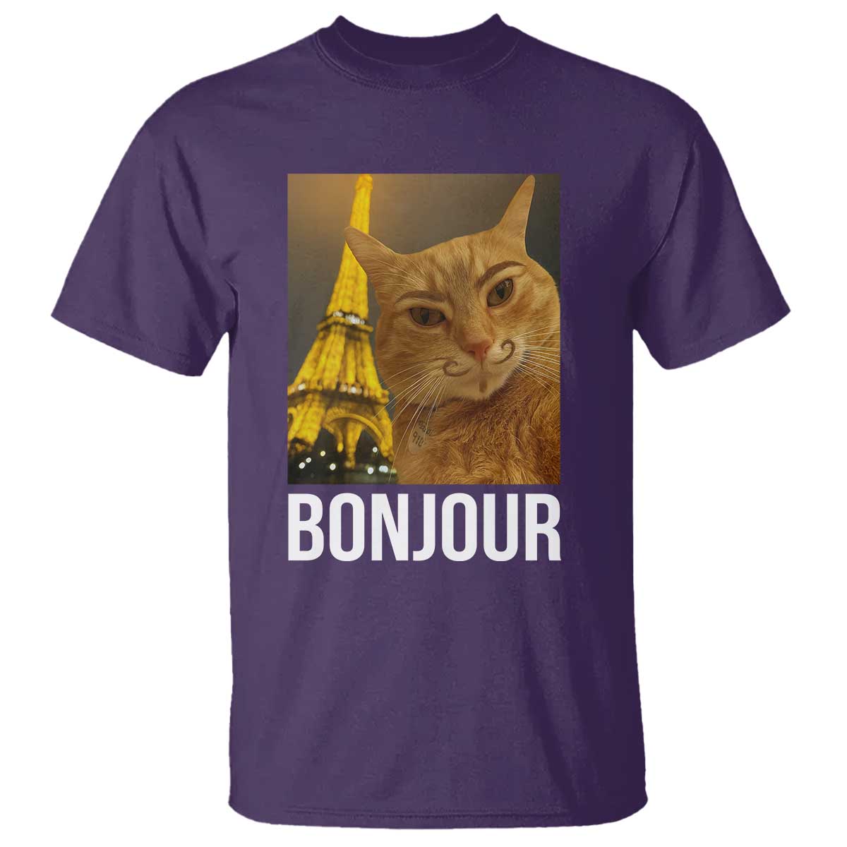 Funny Cat Bonjour T Shirt Paris France Eiffel Tower Orange Cat Meme TS10 Purple Print Your Wear