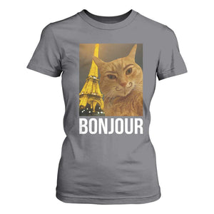 Funny Cat Bonjour T Shirt For Women Paris France Eiffel Tower Orange Cat Meme TS10 Charcoal Print Your Wear