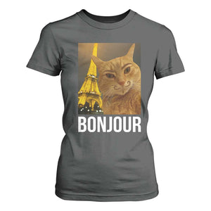 Funny Cat Bonjour T Shirt For Women Paris France Eiffel Tower Orange Cat Meme TS10 Dark Heather Print Your Wear