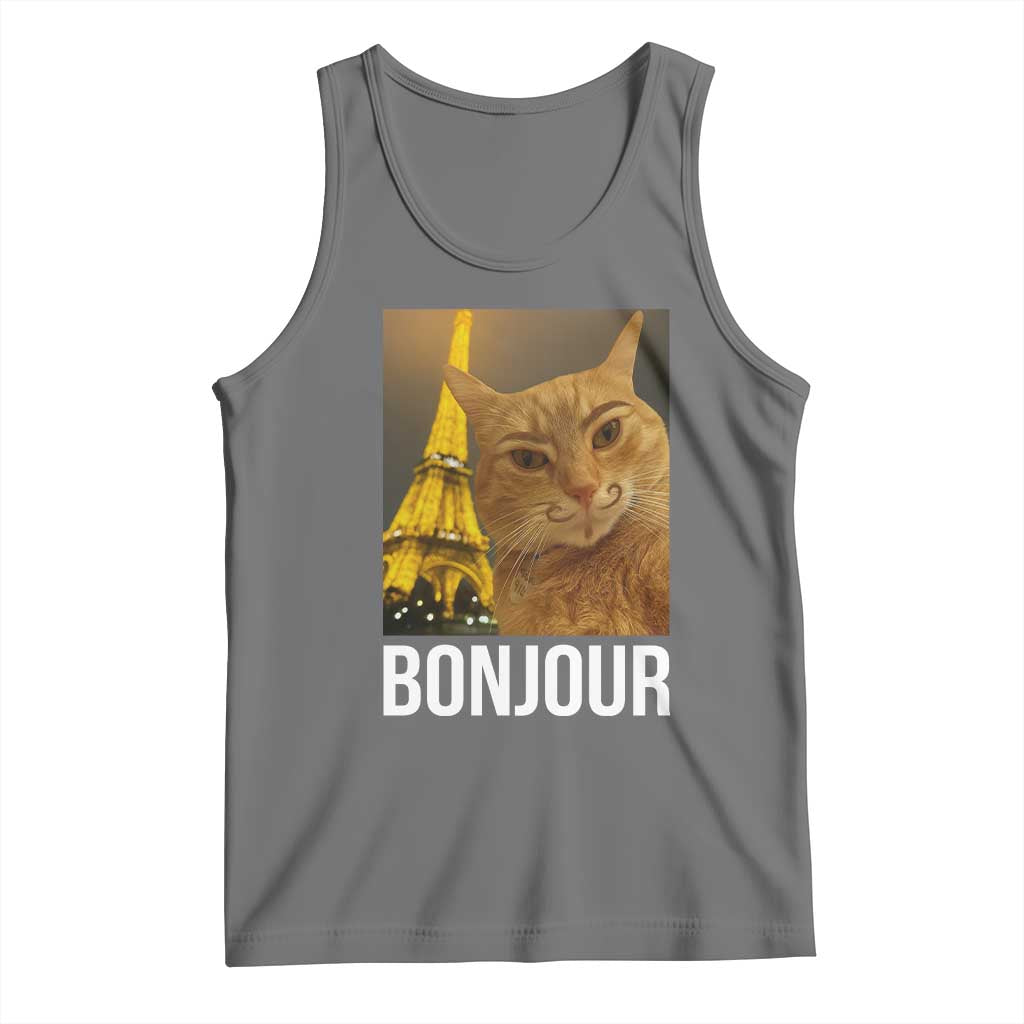Funny Cat Bonjour Tank Top Paris France Eiffel Tower Orange Cat Meme TS10 Black Heather Print Your Wear