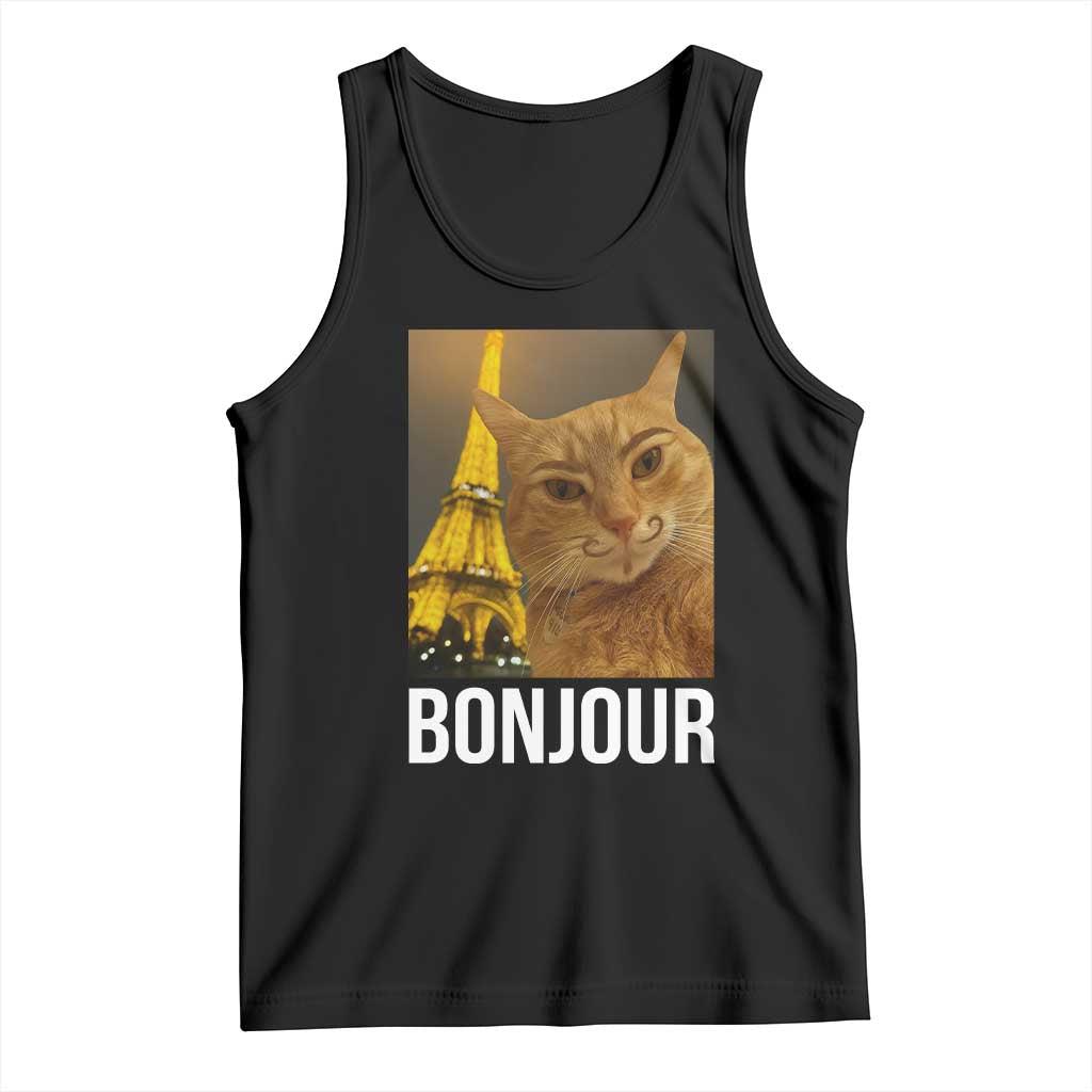 Funny Cat Bonjour Tank Top Paris France Eiffel Tower Orange Cat Meme TS10 Black Print Your Wear