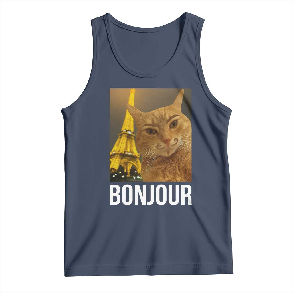 Funny Cat Bonjour Tank Top Paris France Eiffel Tower Orange Cat Meme TS10 Navy Print Your Wear
