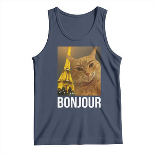 Funny Cat Bonjour Tank Top Paris France Eiffel Tower Orange Cat Meme TS10 Navy Print Your Wear