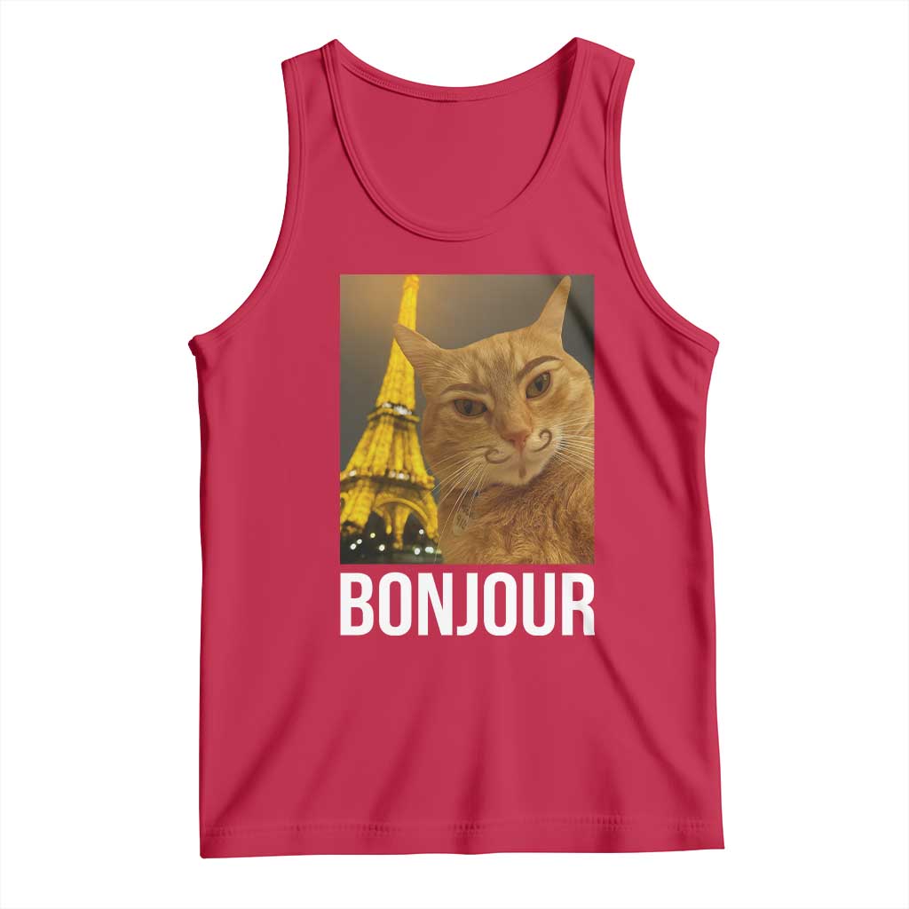 Funny Cat Bonjour Tank Top Paris France Eiffel Tower Orange Cat Meme TS10 Red Print Your Wear