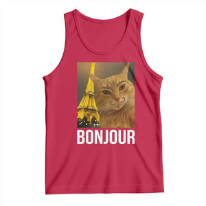 Funny Cat Bonjour Tank Top Paris France Eiffel Tower Orange Cat Meme TS10 Red Print Your Wear