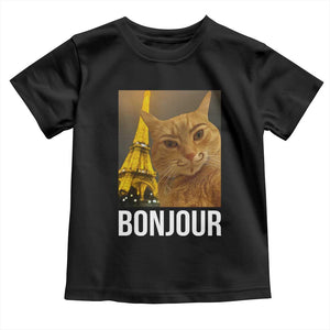 Funny Cat Bonjour Toddler T Shirt Paris France Eiffel Tower Orange Cat Meme TS10 Black Print Your Wear