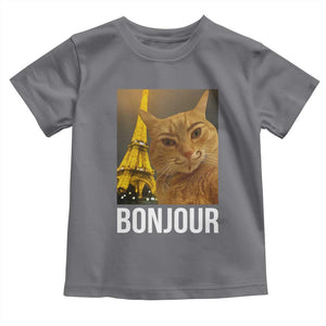 Funny Cat Bonjour Toddler T Shirt Paris France Eiffel Tower Orange Cat Meme TS10 Charcoal Print Your Wear
