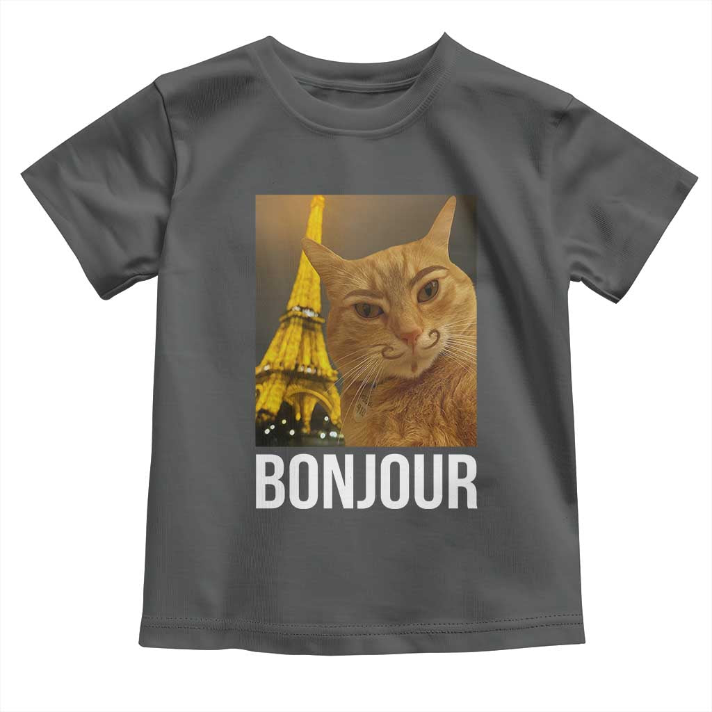 Funny Cat Bonjour Toddler T Shirt Paris France Eiffel Tower Orange Cat Meme TS10 Dark Heather Print Your Wear