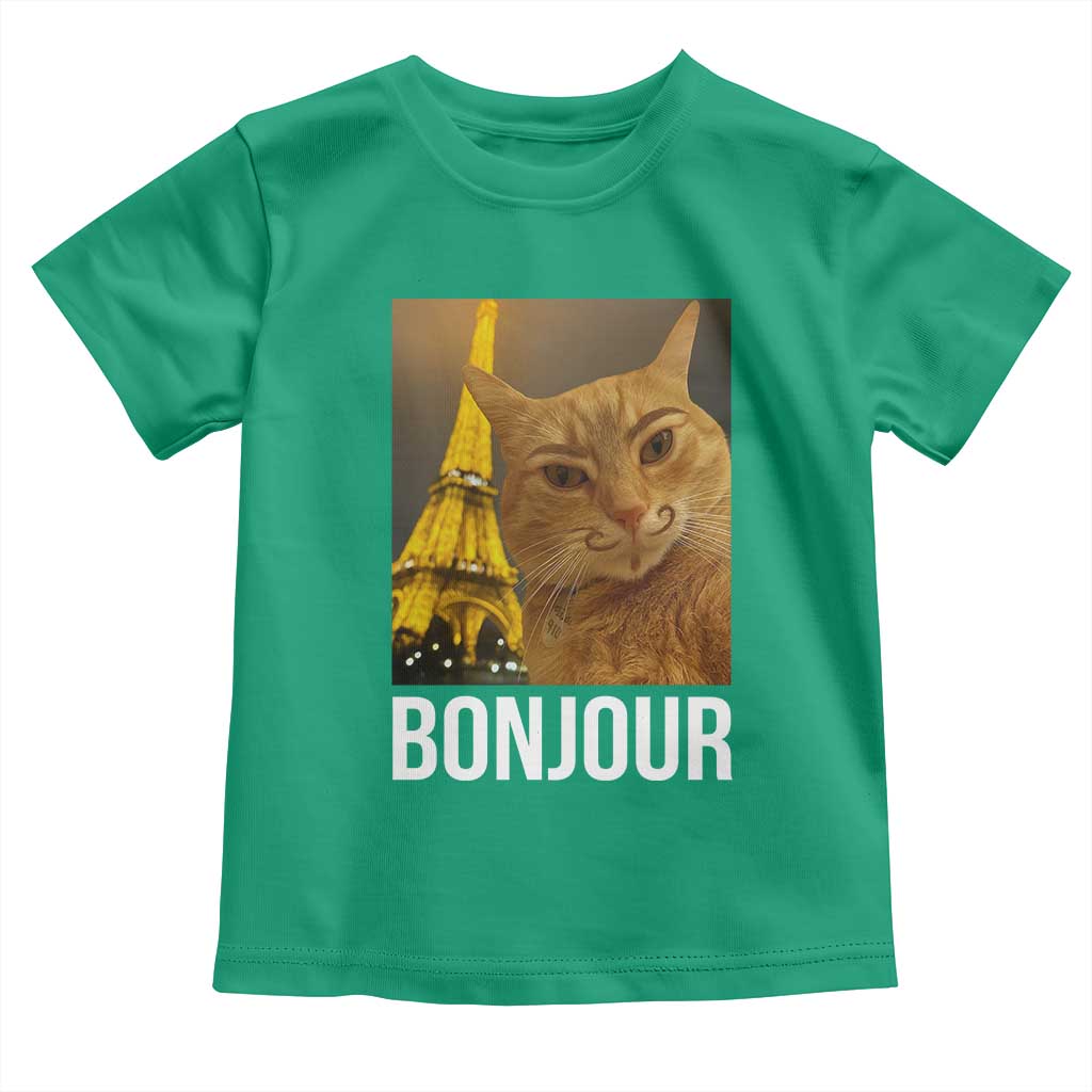 Funny Cat Bonjour Toddler T Shirt Paris France Eiffel Tower Orange Cat Meme TS10 Irish Green Print Your Wear