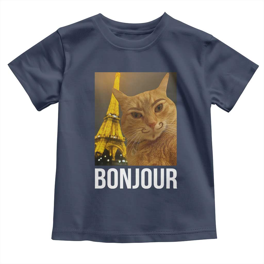 Funny Cat Bonjour Toddler T Shirt Paris France Eiffel Tower Orange Cat Meme TS10 Navy Print Your Wear
