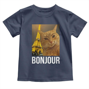 Funny Cat Bonjour Toddler T Shirt Paris France Eiffel Tower Orange Cat Meme TS10 Navy Print Your Wear