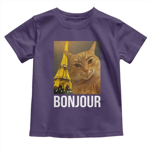 Funny Cat Bonjour Toddler T Shirt Paris France Eiffel Tower Orange Cat Meme TS10 Purple Print Your Wear