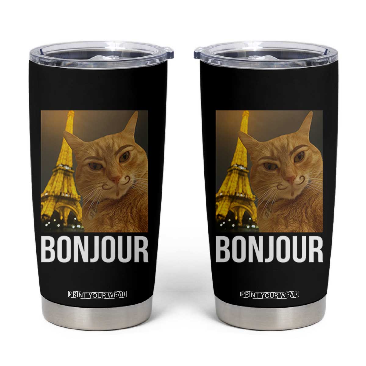 Funny Cat Bonjour Tumbler Cup Paris France Eiffel Tower Orange Cat Meme TS10 Black Print Your Wear
