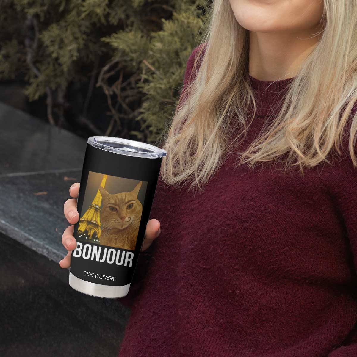 Funny Cat Bonjour Tumbler Cup Paris France Eiffel Tower Orange Cat Meme TS10 Print Your Wear