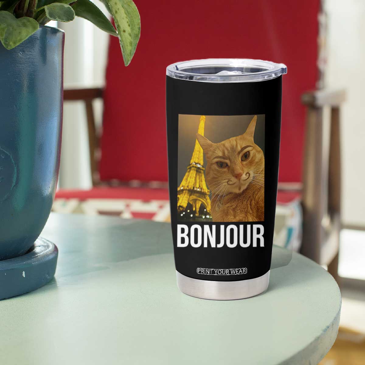 Funny Cat Bonjour Tumbler Cup Paris France Eiffel Tower Orange Cat Meme TS10 Print Your Wear