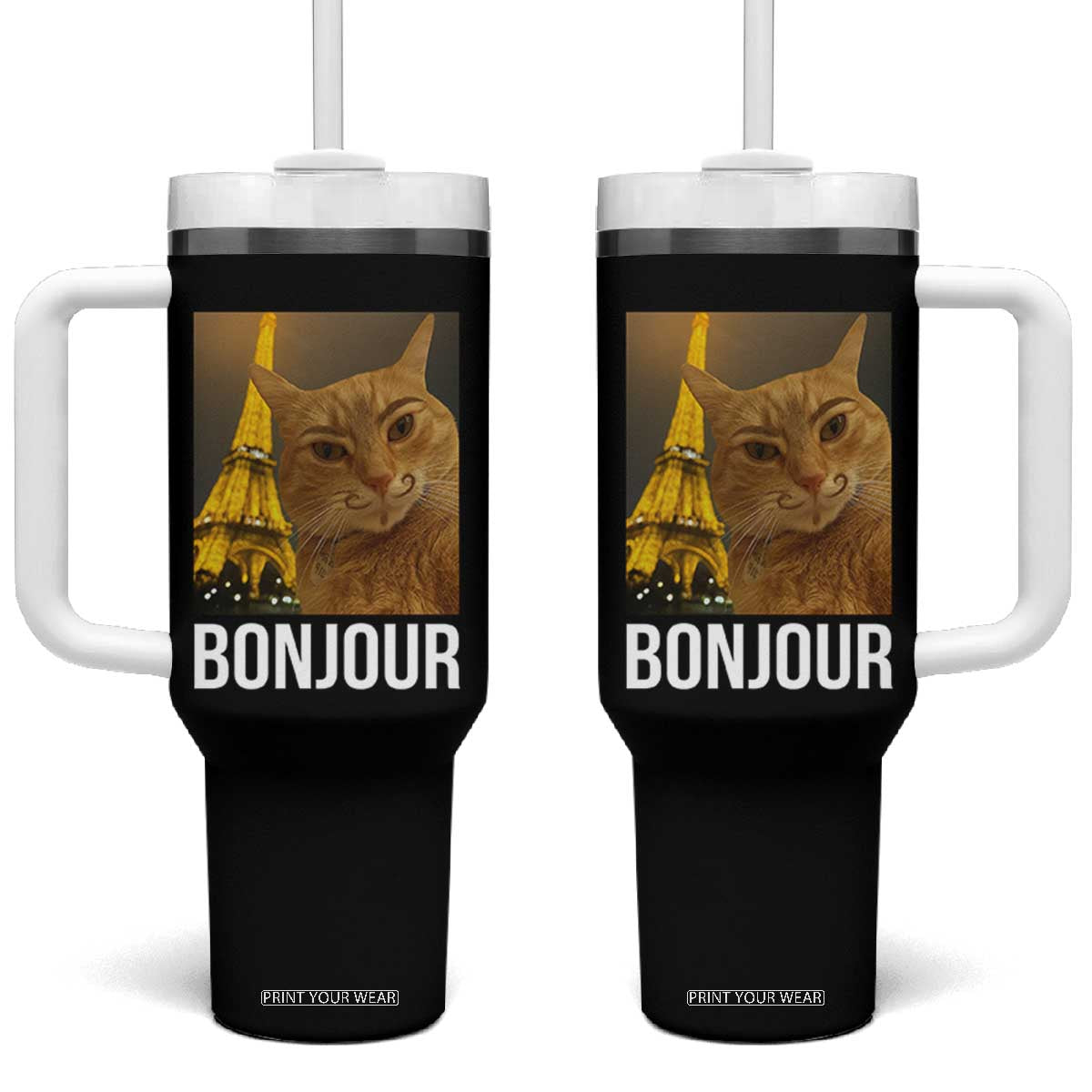 Funny Cat Bonjour Tumbler With Handle Paris France Eiffel Tower Orange Cat Meme TS10 One Size: 40 oz Black Print Your Wear
