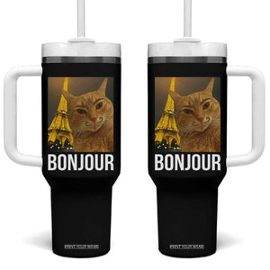 Funny Cat Bonjour Tumbler With Handle Paris France Eiffel Tower Orange Cat Meme TS10 One Size: 40 oz Black Print Your Wear