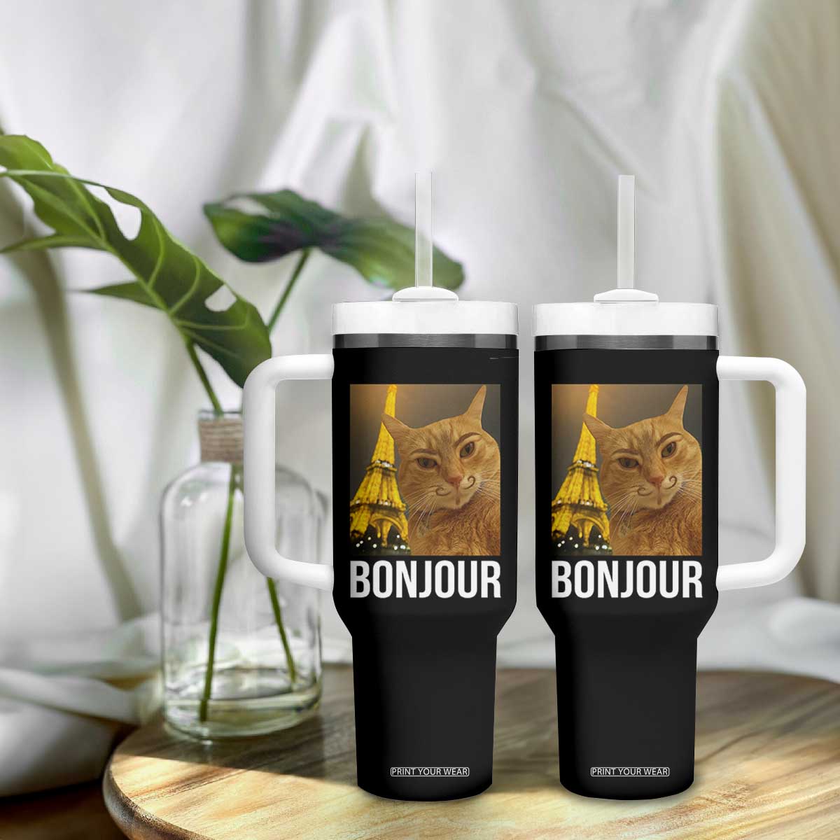 Funny Cat Bonjour Tumbler With Handle Paris France Eiffel Tower Orange Cat Meme TS10 Print Your Wear