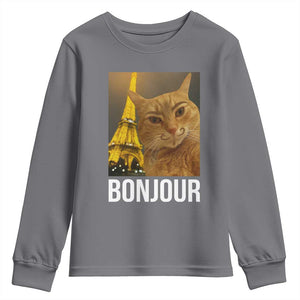Funny Cat Bonjour Youth Sweatshirt Paris France Eiffel Tower Orange Cat Meme TS10 Charcoal Print Your Wear