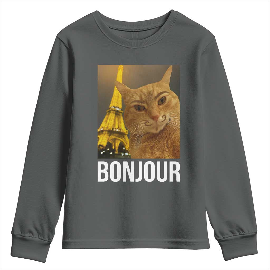 Funny Cat Bonjour Youth Sweatshirt Paris France Eiffel Tower Orange Cat Meme TS10 Dark Heather Print Your Wear