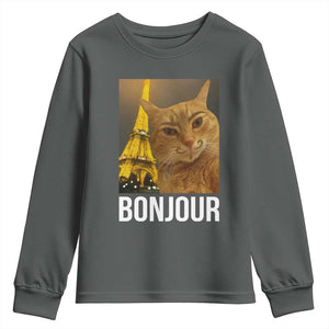 Funny Cat Bonjour Youth Sweatshirt Paris France Eiffel Tower Orange Cat Meme TS10 Dark Heather Print Your Wear