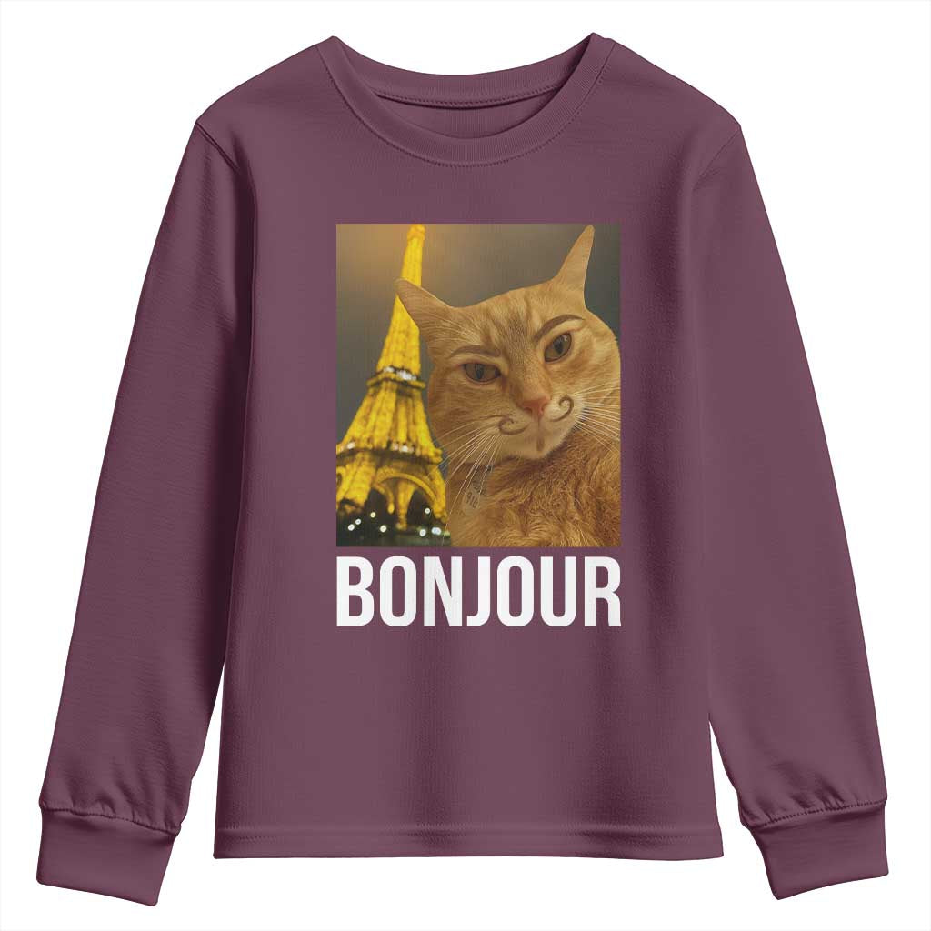 Funny Cat Bonjour Youth Sweatshirt Paris France Eiffel Tower Orange Cat Meme TS10 Maroon Print Your Wear