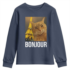 Funny Cat Bonjour Youth Sweatshirt Paris France Eiffel Tower Orange Cat Meme TS10 Navy Print Your Wear