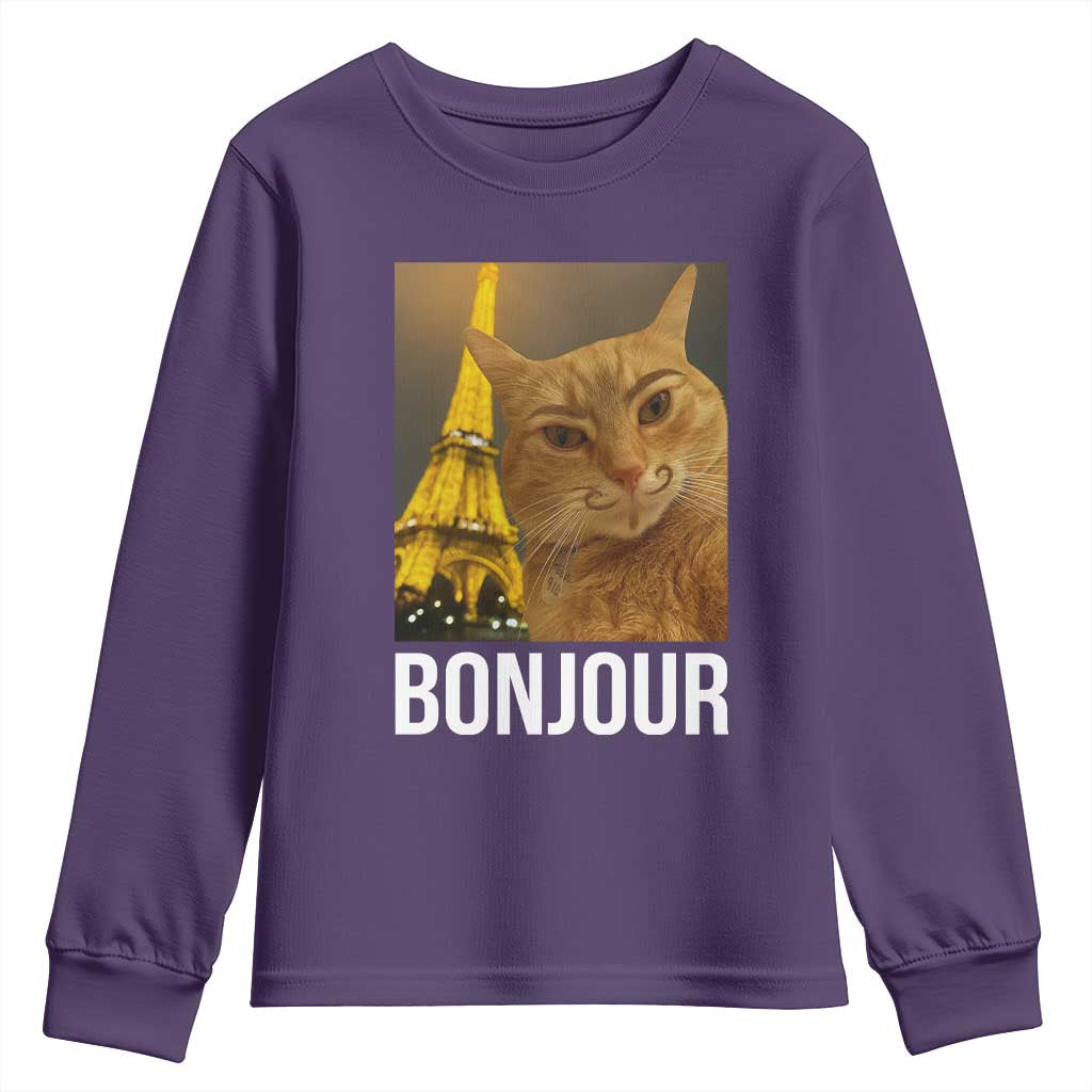 Funny Cat Bonjour Youth Sweatshirt Paris France Eiffel Tower Orange Cat Meme TS10 Purple Print Your Wear