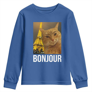 Funny Cat Bonjour Youth Sweatshirt Paris France Eiffel Tower Orange Cat Meme TS10 Royal Blue Print Your Wear
