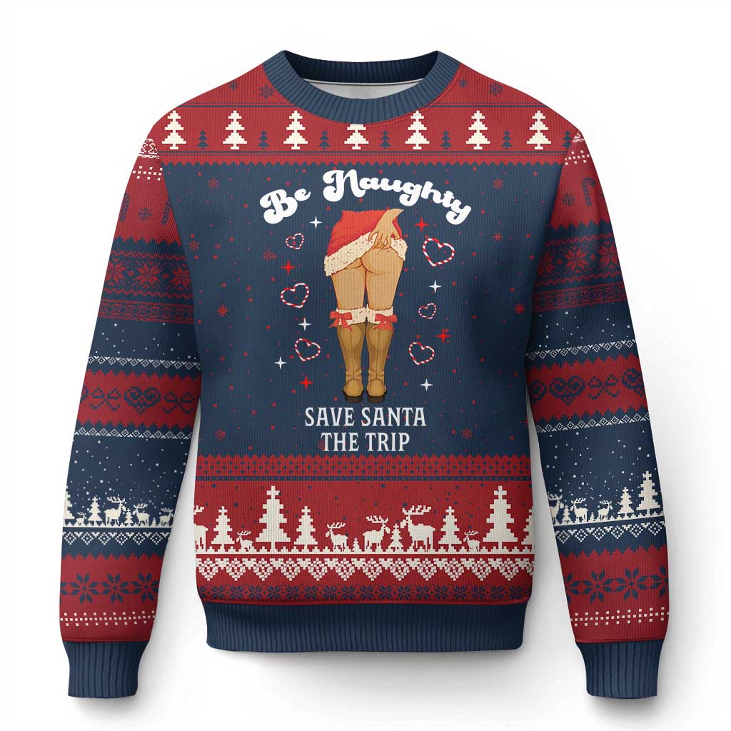 Funny Inappropriate Xmas Ugly Christmas Sweater Be Naughty Save Santa The Trip TS10 Navy Red Print Your Wear