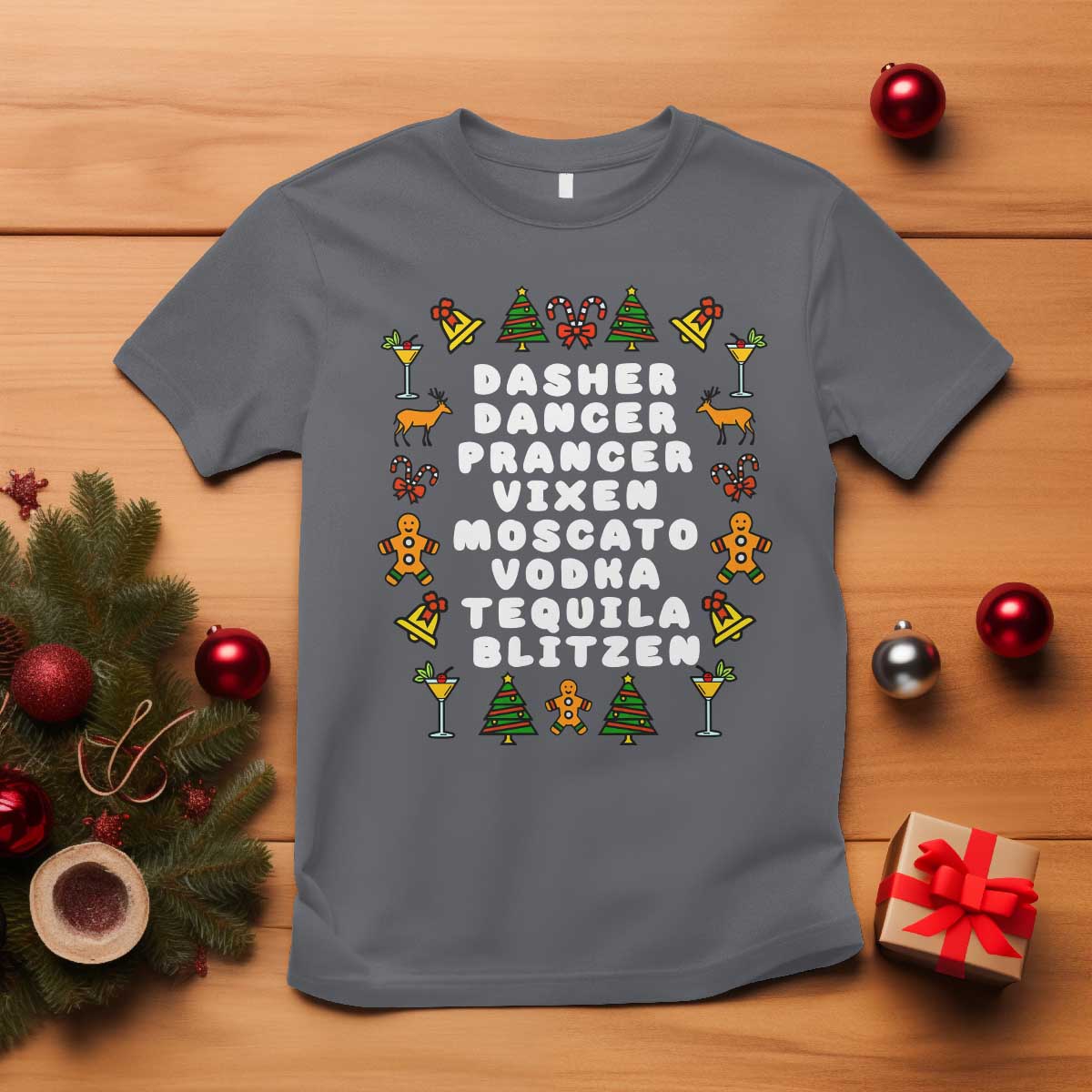 Funny Drinking Christmas T Shirt Merry Christmas Dasher Dancer Prancer Vixen TS10 Charcoal Print Your Wear