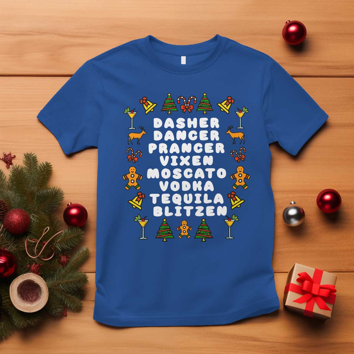 Funny Drinking Christmas T Shirt Merry Christmas Dasher Dancer Prancer Vixen TS10 Royal Blue Print Your Wear