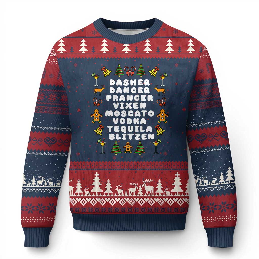 Funny Drinking Xmas Ugly Christmas Sweater Merry Xmas Dasher Dancer Prancer Vixen TS10 Navy Red Print Your Wear