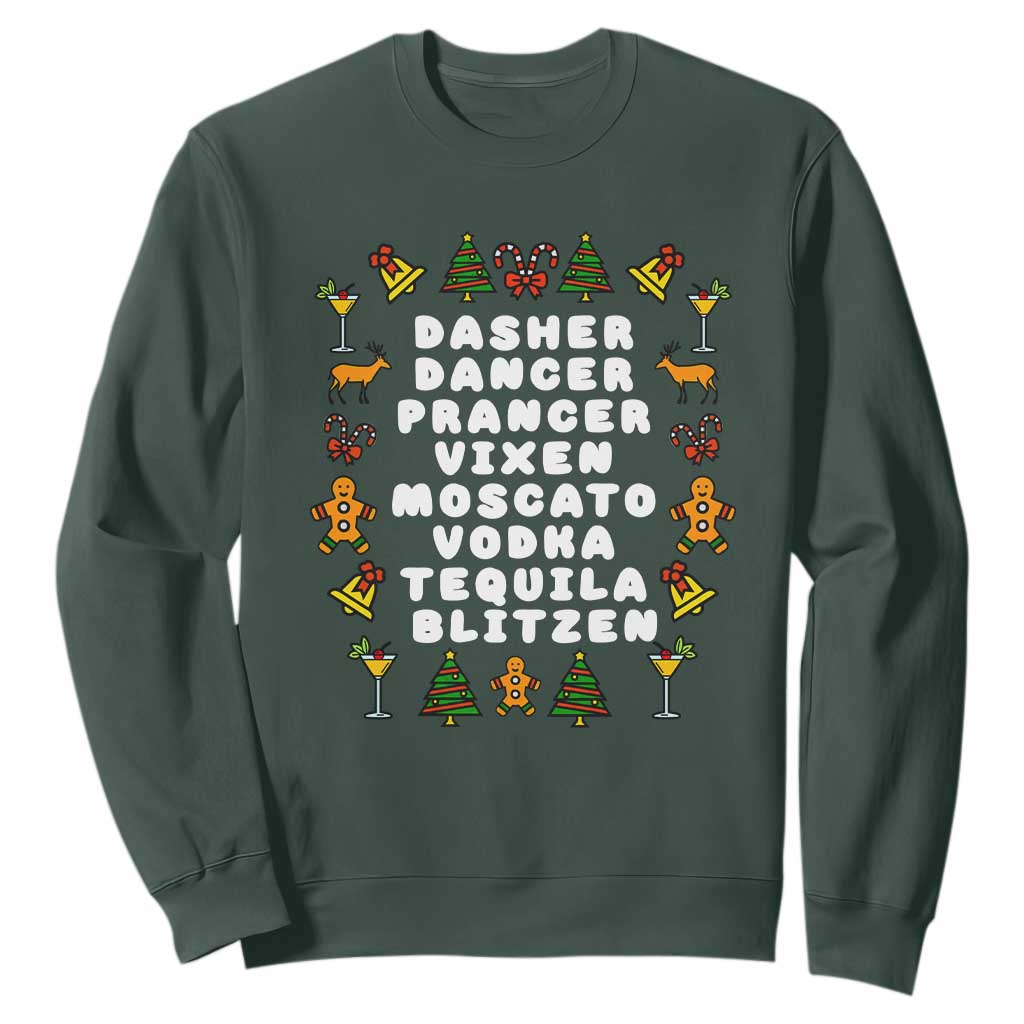 Funny Drinking Christmas Sweatshirt Merry Christmas Dasher Dancer Prancer Vixen TS10 Dark Forest Green Print Your Wear