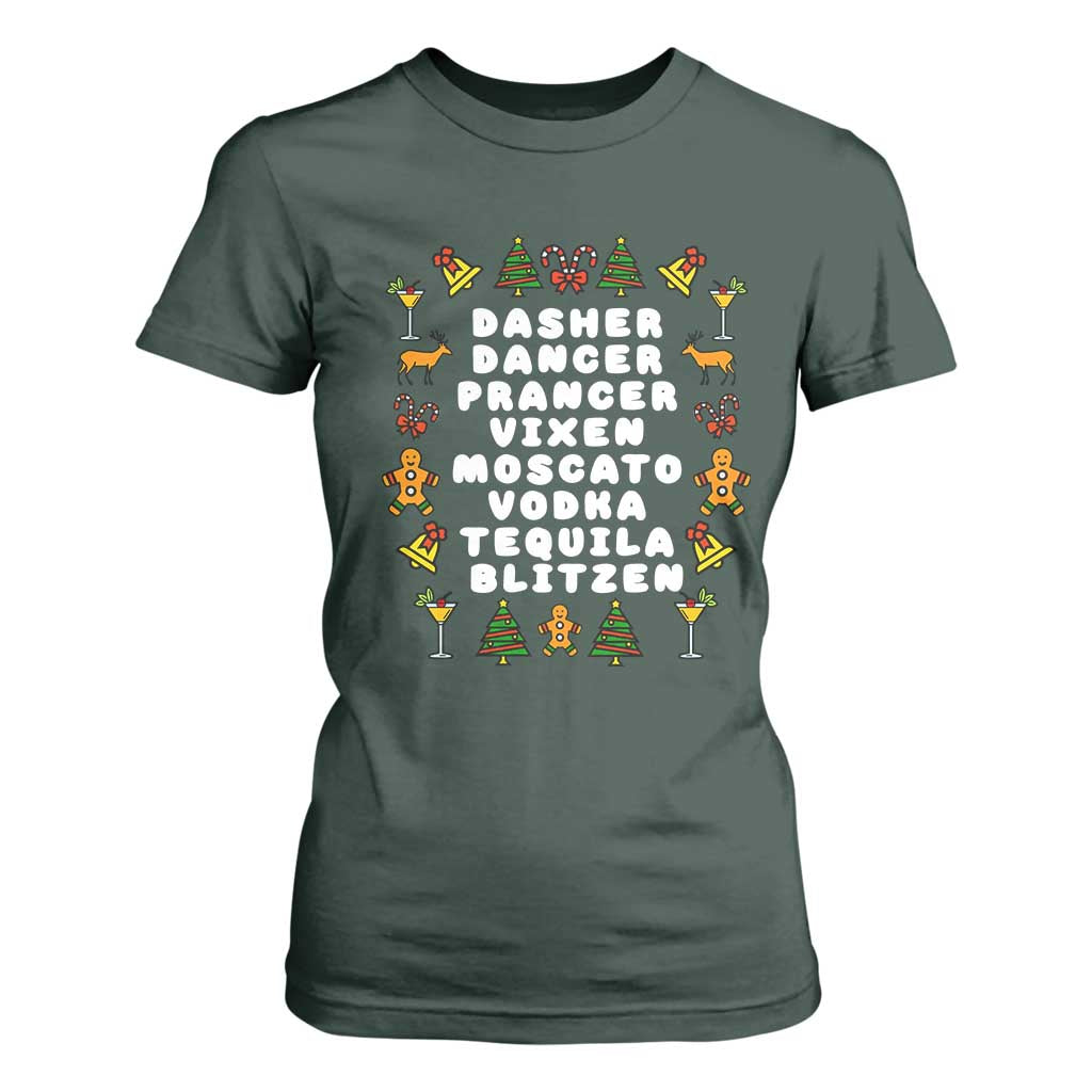 Funny Drinking Christmas T Shirt For Women Merry Christmas Dasher Dancer Prancer Vixen TS10 Dark Forest Green Print Your Wear