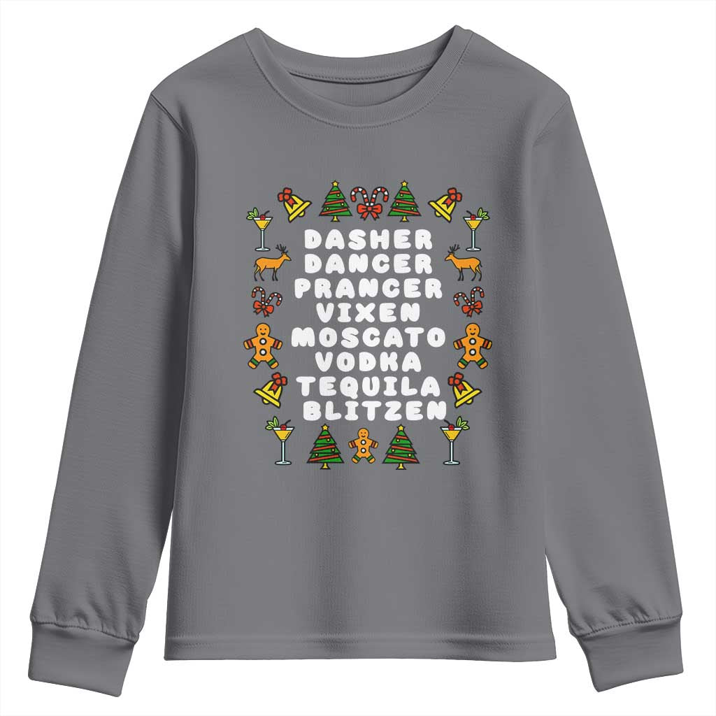 Funny Drinking Christmas Youth Sweatshirt Merry Christmas Dasher Dancer Prancer Vixen TS10 Charcoal Print Your Wear