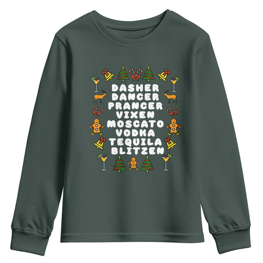 Funny Drinking Christmas Youth Sweatshirt Merry Christmas Dasher Dancer Prancer Vixen TS10 Dark Forest Green Print Your Wear