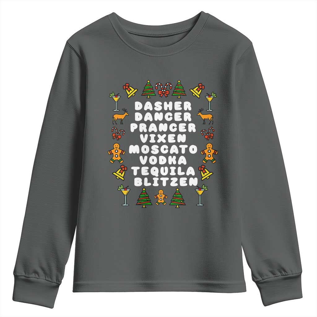Funny Drinking Christmas Youth Sweatshirt Merry Christmas Dasher Dancer Prancer Vixen TS10 Dark Heather Print Your Wear