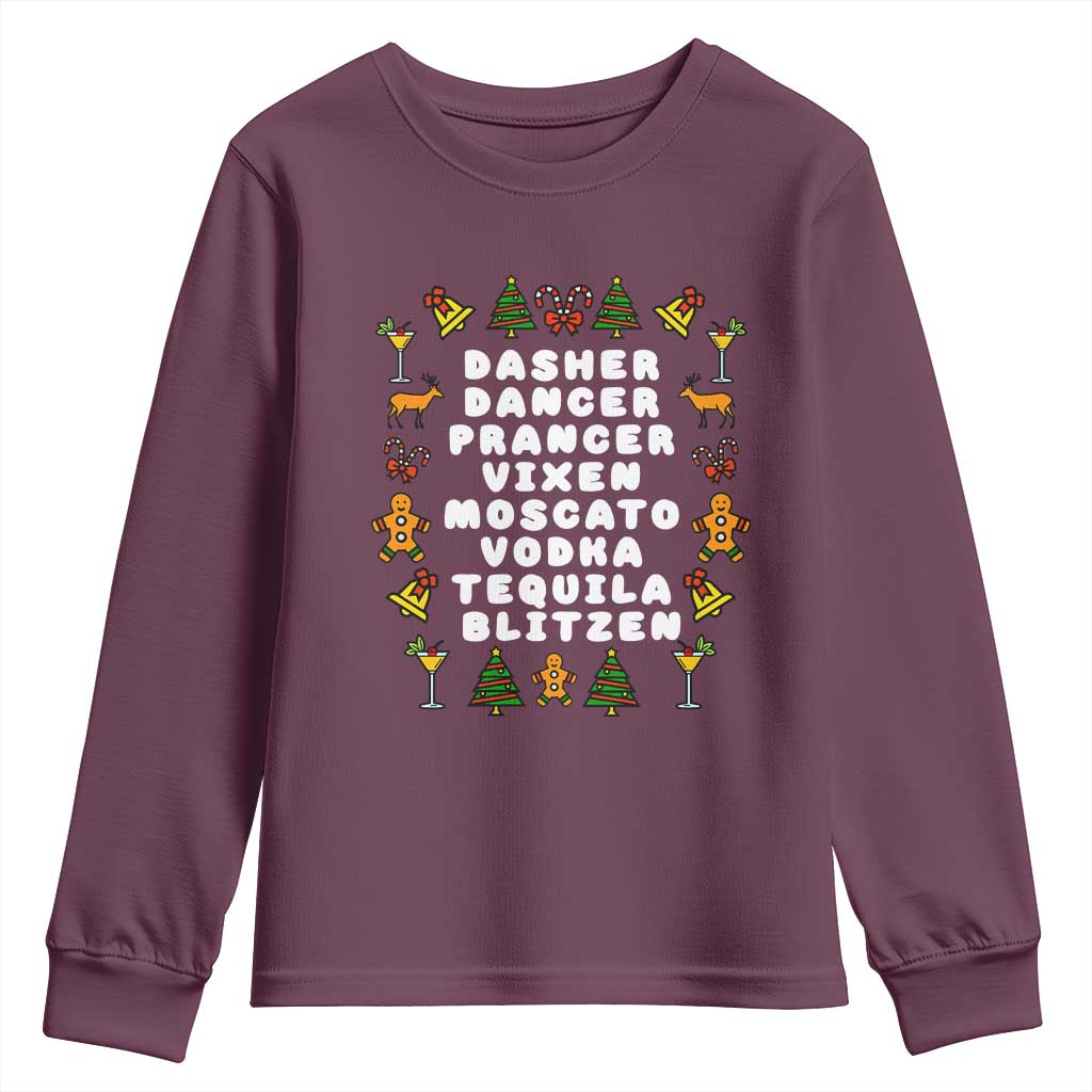 Funny Drinking Christmas Youth Sweatshirt Merry Christmas Dasher Dancer Prancer Vixen TS10 Maroon Print Your Wear