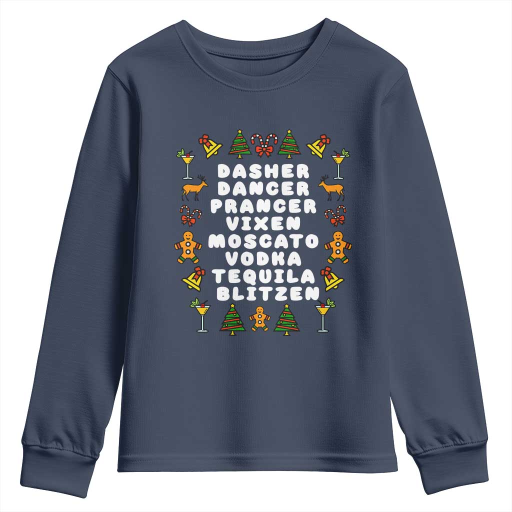 Funny Drinking Christmas Youth Sweatshirt Merry Christmas Dasher Dancer Prancer Vixen TS10 Navy Print Your Wear